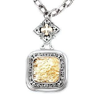 925 Silver Hammered Square Pendant Necklace with 18k Gold Accents  18 IN Firenze Collection Jewelry