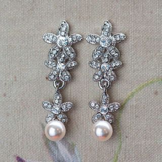 three flower crystal and pearl drop earrings by anusha