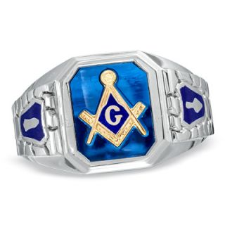 Mens Lab Created Sapphire and Enamel Comfort Fit Masonic Ring in
