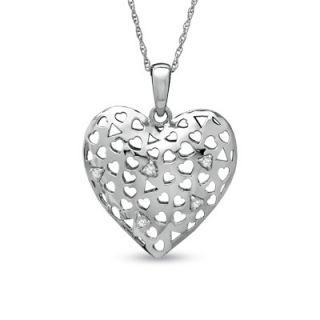 Diamond Accent Puffed Heart Pendant in 10K White Gold   Clearance