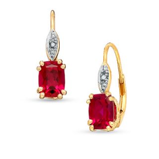 Cushion Cut Lab Created Ruby Leverback Earrings in 14K Gold with