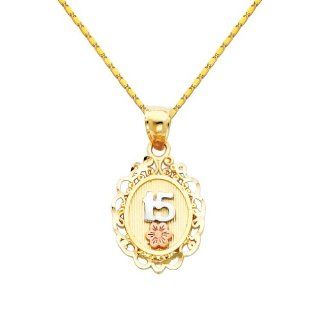 14K 3 Tri color Gold 15 A�os Charm Pendant with Yellow Gold 1mm Snail Link Chain Necklace with Spring Ring Clasp   Pendant Necklace Combination (Different Chain Lengths Available) The World Jewelry Center Jewelry