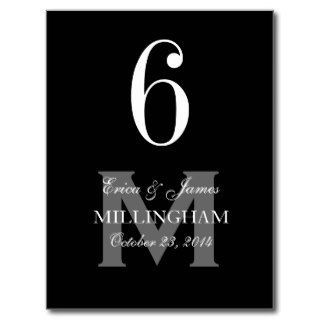 Black Monogram  Wedding Table Number Card 6 Postcard