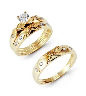 14k Yellow Rose Gold Ribbed X CZ Stone Wedding Trio Set Wedding Ring Sets Jewelry