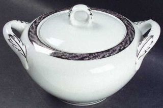 Fukagawa Silver Lichen Sugar Bowl & Lid, Fine China Dinnerware   Platinum Encrus