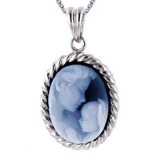 Sterling Silver Oval Frame 16x12mm Blue Agate Mother and Baby Cameo Pendant W/18" Chain Pendant Necklaces Jewelry