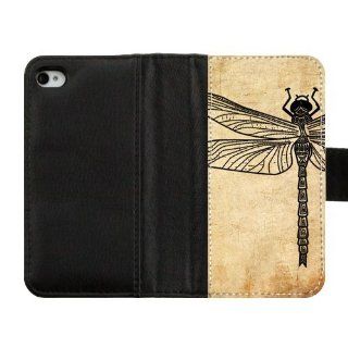 Vintage Funny Dragonfly Art Design Iphone 4 4S Flip ID Holder Wallet PU Leather Back Case Cover Top customcasestore Show Cell Phones & Accessories