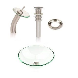 Inello Bathroom Clear Glass Vessel Sink & Brushed Nickel Waterfall Faucet Combo & Matching Pop up Drain & Mounting Ring    