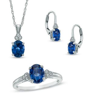 Oval Lab Created Blue and White Sapphire Pendant, Ring and Earrings