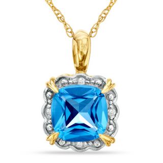 0mm Cushion Cut Blue Topaz and Diamond Accent Frame Pendant in 10K