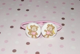 Pink Monkey on Custom Button Ponytail Holder for Baby, Toddler, and Girls Clothing