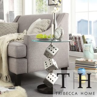 TRIBECCA HOME Ryde Dice Pillar Tempered Glass Steel Modern End Table Tribecca Home Coffee, Sofa & End Tables
