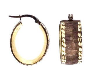14k Chocolate and Yellow Gold Brushed Finish Design Oval Hoop Earrings with Diamond Cut Edge Jewelry
