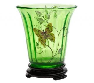 Fenton ArtGlass Hand Painted Jolly Green Flip Vase with Black Base —