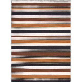 Handmade Flat Weave Stripe Pattern Brown Wool Rug (10 X 14)