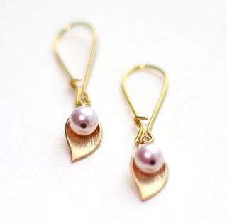 gold calla lily and pearl earrings by a box for my treasure