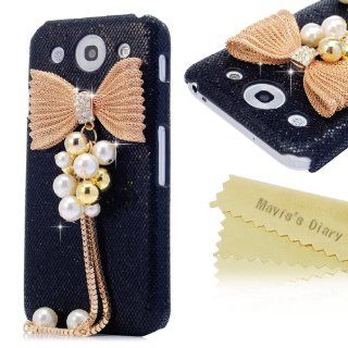 Mavis's Diary for LG Optimus G Pro E980 F240K Crystal Gold Pearl Metal Bow Pendant Bow Design Diamond Bling Black Hard Cover Case with Soft Clean Cloth Cell Phones & Accessories