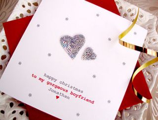 personalised silver hearts christmas card by sabah designs