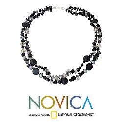 Silver 'Opulent Black' Onyx Pearl Necklace (8 mm) (Thailand) Novica Necklaces
