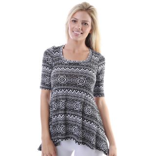 24/7 Comfort Apparel Womens Black And White Aztec Print High low Elbow Sleeve Tunic