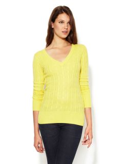 Cable Knit V Neck Elbow Patch Sweater by Autumn Cashmere