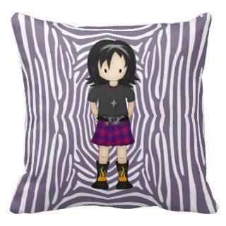 Cute Little Emo or Goth Girl Cartoon in Purples Throw Pillows