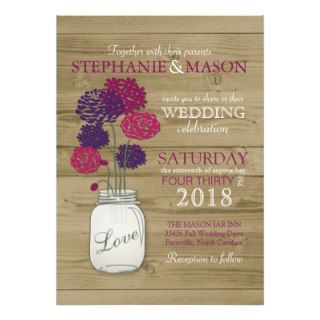 Mason Jar Fall Wedding Color Purple Magenta Floral Personalized Invitations
