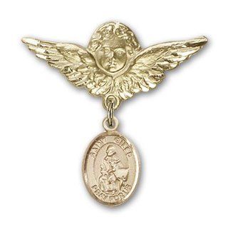 JewelsObsession's 14K Gold Baby Badge with St. Giles Charm and Angel with Wings Badge Pin Jewels Obsession Jewelry