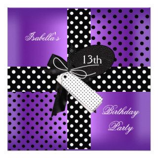 13th Birthday Polka Dot Purple Black White 2 Personalized Invitation