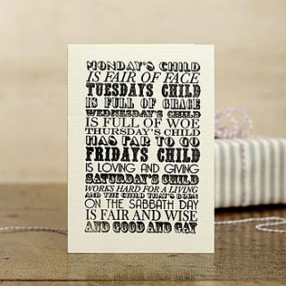 hand printed monday's child card by katie leamon