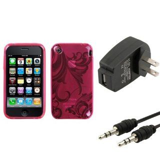 eForCity Wall Charger + Audio Cable + Pink Morning Glory Candy Skin Case compatible with iPhone® 3GS/3G Cell Phones & Accessories