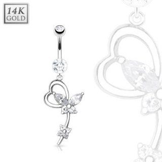 14 Karat Solid White Gold Navel Ring with Marquise CZ Butterfly Heart Loop Dangle Body Jewelry Forever Flawless Jewelry Jewelry
