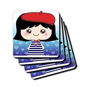 cst_76614_1 InspirationzStore Squeables   Cute Kawaii Cartoon French Girl Doll in traditional France Paris Blue Stripe Dress red beret hat   Coasters   set of 4 Coasters   Soft Kitchen & Dining