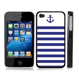 Blue and White Stripe Anchor Sailor Sea Life Snap On Cover Black Hard Carrying Case for iPhone 4/4S Cell Phones & Accessories