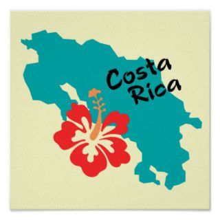 Costa Rica map art with hibiscus flower Print