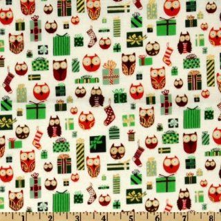 44'' Wide Holiday Hoot & Loot Owl Presents Cream Fabric By The Yard