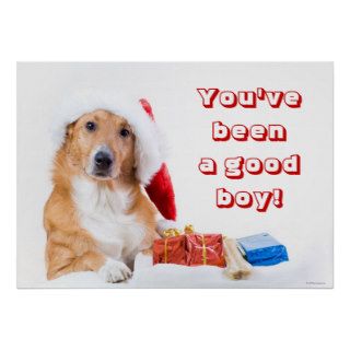 Christmas dog with antler and colorful gifts posters