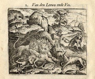 Antique Emblem Print LION FOX DEER Vondel Geraerts 1720   Etchings Prints