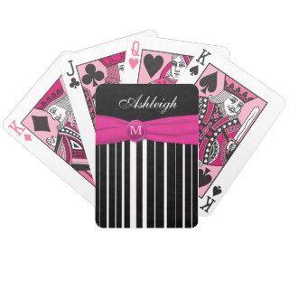 Monogram Pink Black White Striped Playing Cards