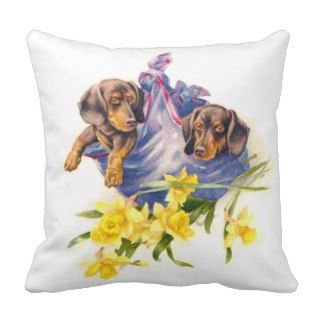 Dachshund Puppies in Blanket with Daffodils Throw Pillows