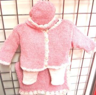 Hand Knitted Crochet Finished Baby Raspberry Chenille Baby Pink Trim Cardigan Pant Hat Set with Matching Large Blanket Size 31"x45" (6 12mo) Infant And Toddler Pants Clothing Sets Clothing
