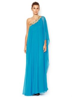 Silk Chiffon Embellished One Shoulder Caftan Gown by Notte By Marchesa