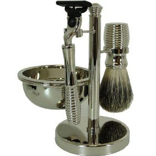 Four Piece Chrome Shaving Shave Set Includes Mach 3 Razor & Badger Brush with Stand and Removable Bowl Health & Personal Care