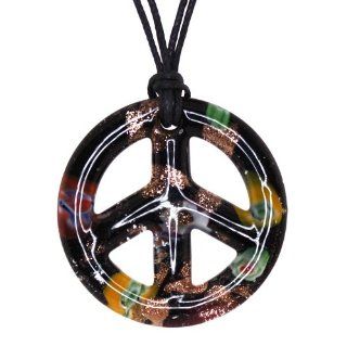 Black Murano Lamp Work Glass Symbols of Peace Double Cord Pendant Necklace Jewelry