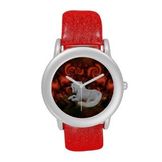 White Unicorn Red Fractals Animal Art Wristwatch