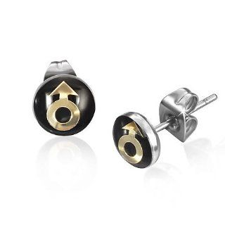 E632 E632 7mm Stainless Steel 3 tone Male Gender Symbol Circle Stud Earrings Jewelry