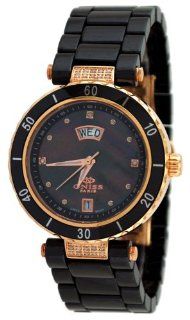 Oniss ON642 LRG1 Women's Rose Gold Trim Diamond Accented Black Ceramic Watch Watches