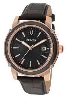 Bulova 98B161  Watches,Mens Black Dial Rose Gold Tone/Black IP Case Black Genuine Leather, Casual Bulova Quartz Watches