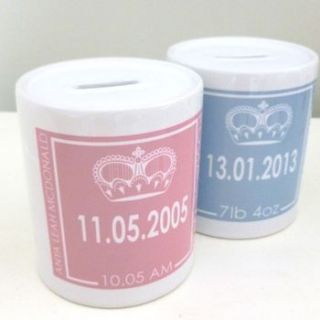 personalised baby birth date money box by tillie mint