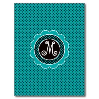 Teal and Black Polka Dot Pattern with Monogram Post Cards